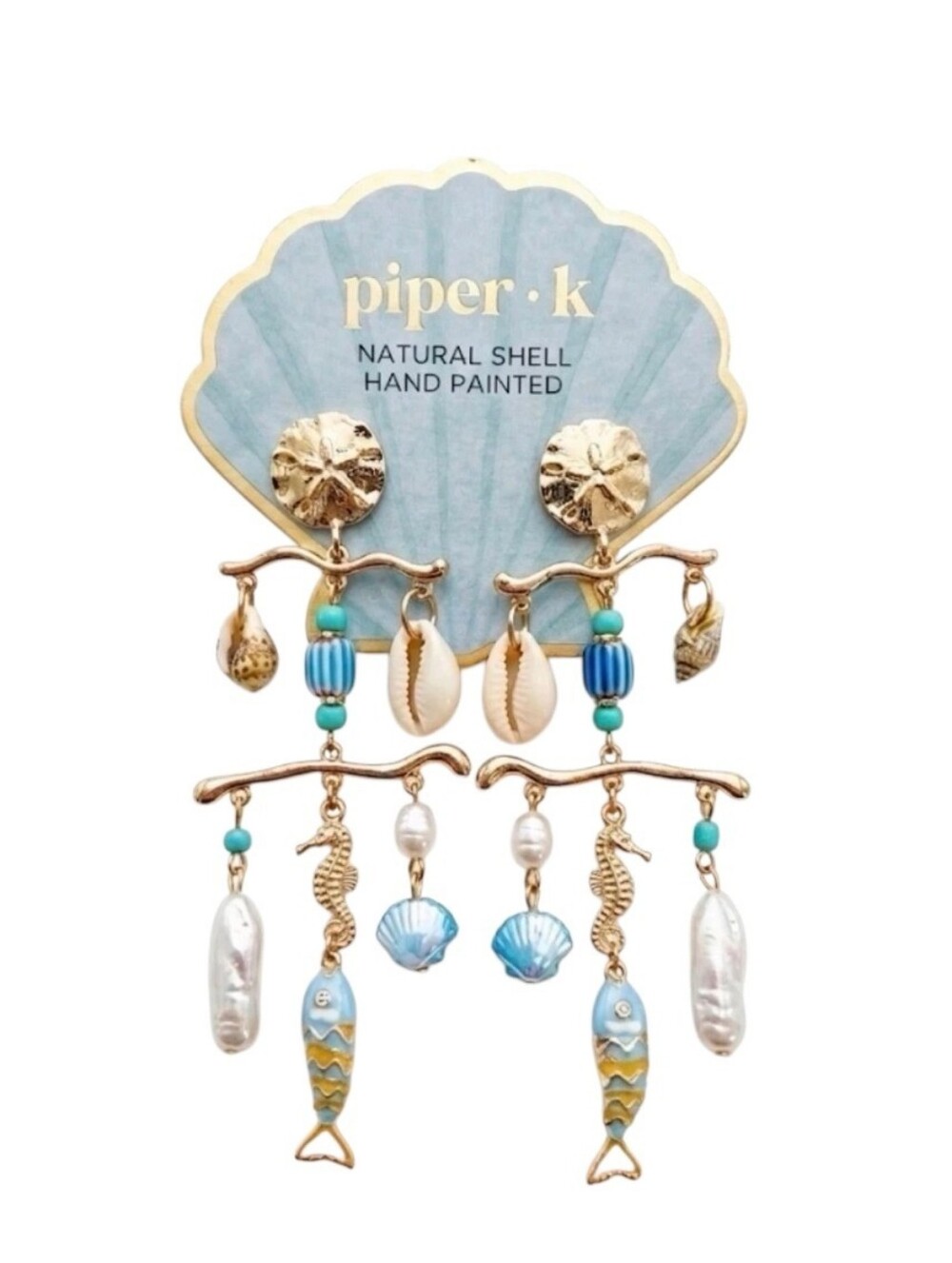 💙▪️piper k ▪️Hand-Painted Natural Shell Drop Chandelier Nautical Fish Earrings